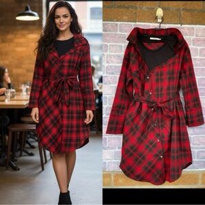 b+ab layered detail plaid belted shirt dress size small